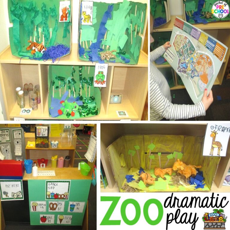 Try a zoo dramatic play area so your preschool, pre-k, or kindergarten students can visit the animal exhibits, shop at the snack shack, and be the zookeepers.