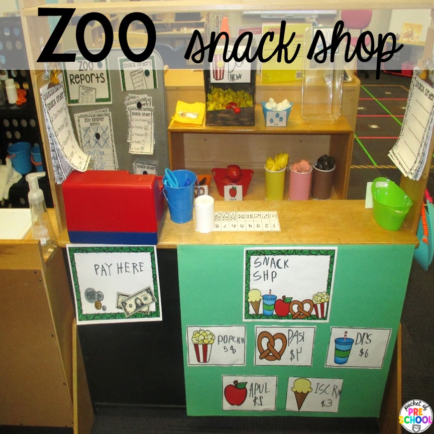 Zoo snack shop! Try a zoo dramatic play area so your preschool, pre-k, or kindergarten students can visit the animal exhibits, shop at the snack shack, and be the zookeepers.