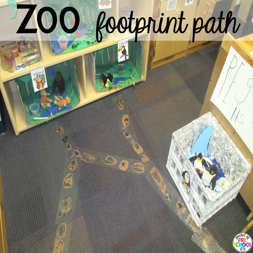 Zoo footprint path! Try a zoo dramatic play area so your preschool, pre-k, or kindergarten students can visit the animal exhibits, shop at the snack shack, and be the zookeepers.