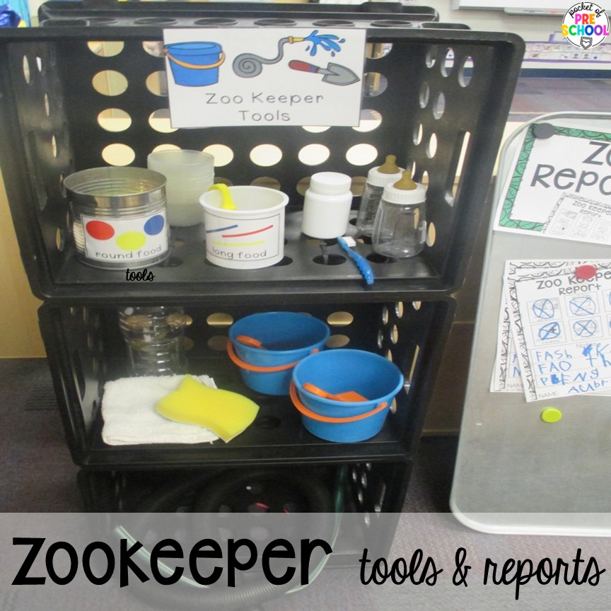 Zookeeper tools & reports! Try a zoo dramatic play area so your preschool, pre-k, or kindergarten students can visit the animal exhibits, shop at the snack shack, and be the zookeepers.