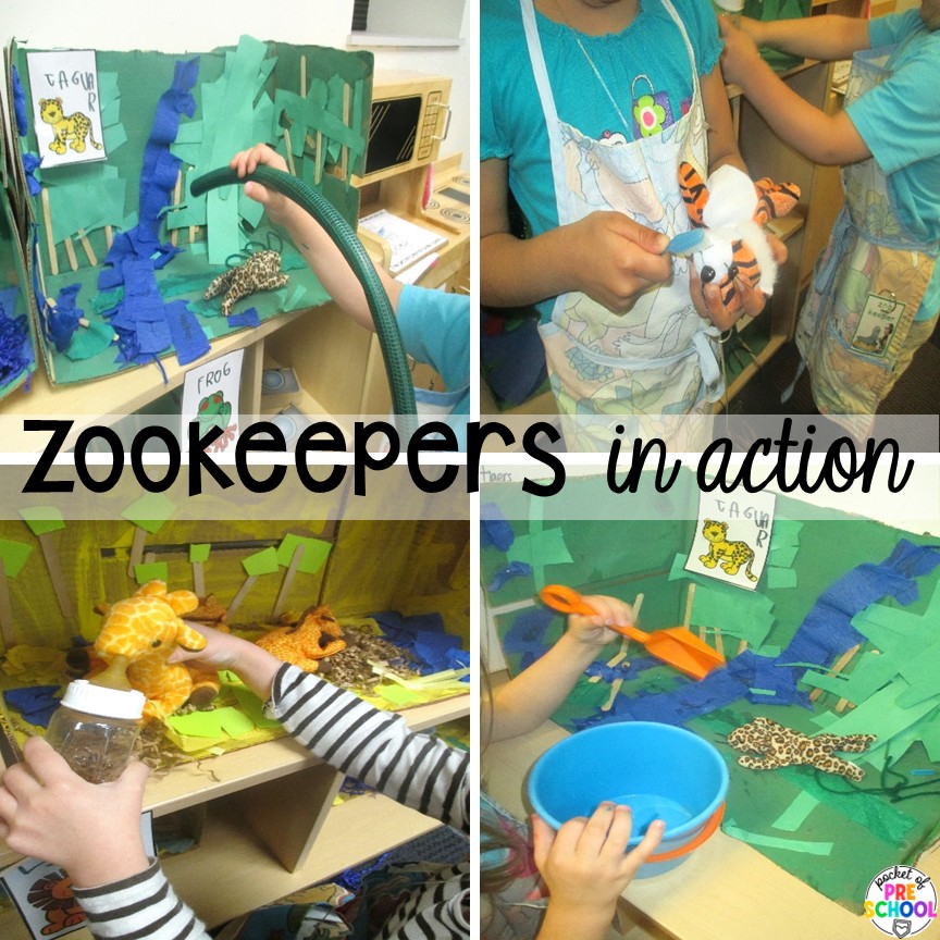 Zookeepers in action! Try a zoo dramatic play area so your preschool, pre-k, or kindergarten students can visit the animal exhibits, shop at the snack shack, and be the zookeepers.