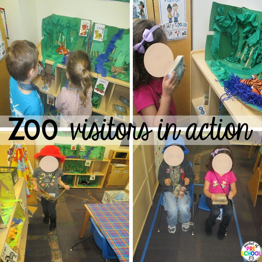 Zoo visitors in action! Try a zoo dramatic play area so your preschool, pre-k, or kindergarten students can visit the animal exhibits, shop at the snack shack, and be the zookeepers.
