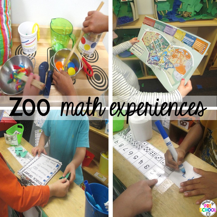 Zoo math experiences! Try a zoo dramatic play area so your preschool, pre-k, or kindergarten students can visit the animal exhibits, shop at the snack shack, and be the zookeepers.