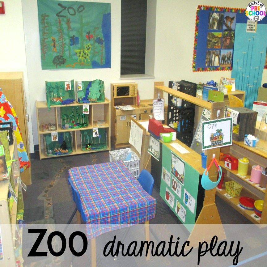 Try a zoo dramatic play area so your preschool, pre-k, or kindergarten students can visit the animal exhibits, shop at the snack shack, and be the zookeepers.