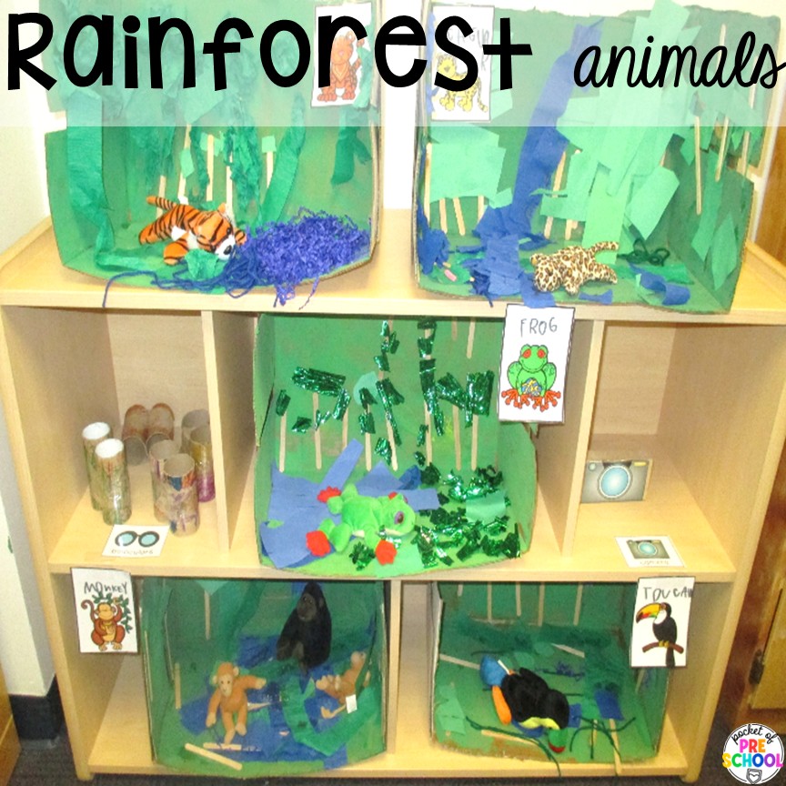 Rainforest animals! Try a zoo dramatic play area so your preschool, pre-k, or kindergarten students can visit the animal exhibits, shop at the snack shack, and be the zookeepers.