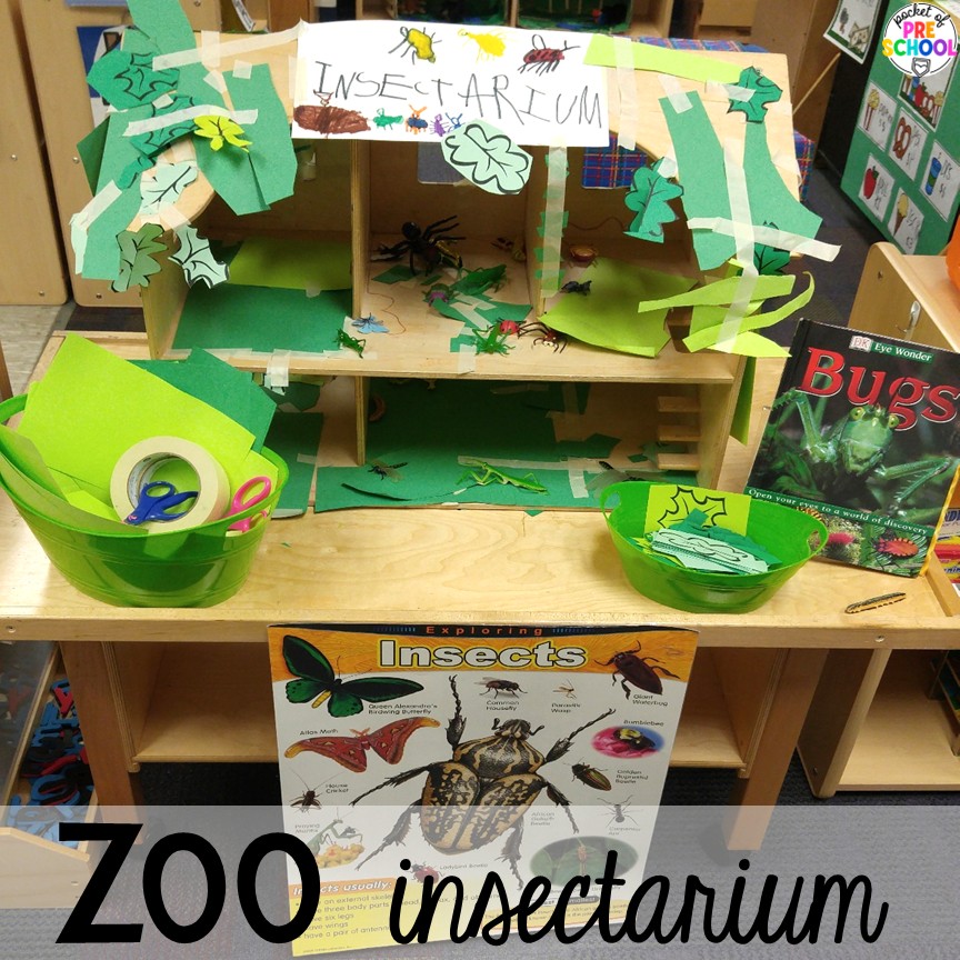 Zoo insectarium! Try a zoo dramatic play area so your preschool, pre-k, or kindergarten students can visit the animal exhibits, shop at the snack shack, and be the zookeepers.