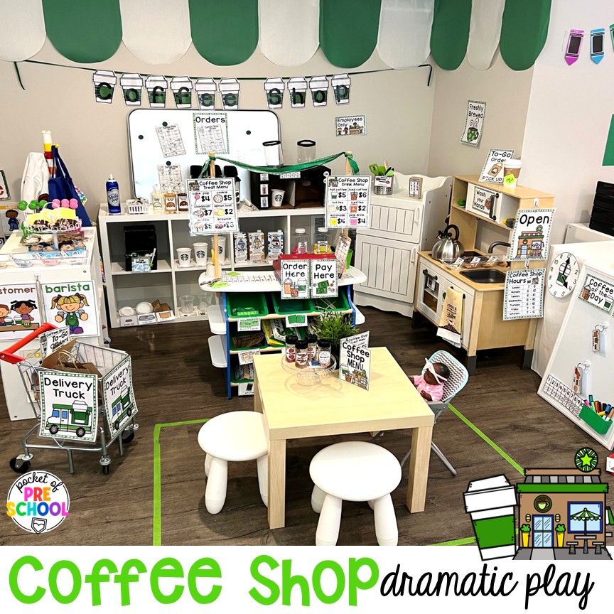 Coffee Shop Dramatic Play for Preschool, Pre-k, and Kindergarten 1 A coffee shop dramatic play is so much fun for preschool, pre-k, and kindergarten students. Plus, you can add in tons of math, literacy, science, and social skills into their play!