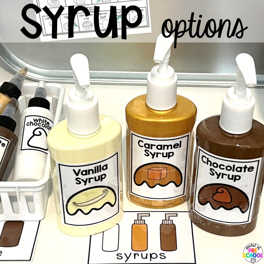 Coffee Shop Dramatic Play for Preschool, Pre-k, and Kindergarten 9 Syrup Options! A coffee shop dramatic play is so much fun for preschool, pre-k, and kindergarten students. Plus, you can add in tons of math, literacy, science, and social skills into their play!