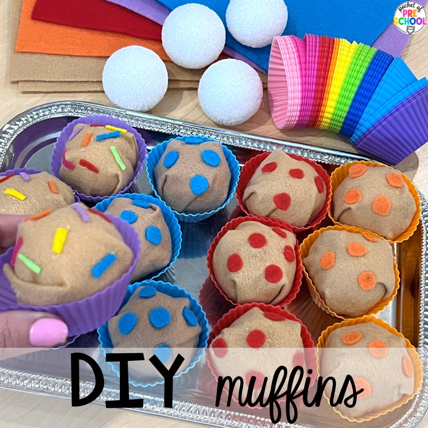 Coffee Shop Dramatic Play for Preschool, Pre-k, and Kindergarten 16 DIY Muffins! A coffee shop dramatic play is so much fun for preschool, pre-k, and kindergarten students. Plus, you can add in tons of math, literacy, science, and social skills into their play!