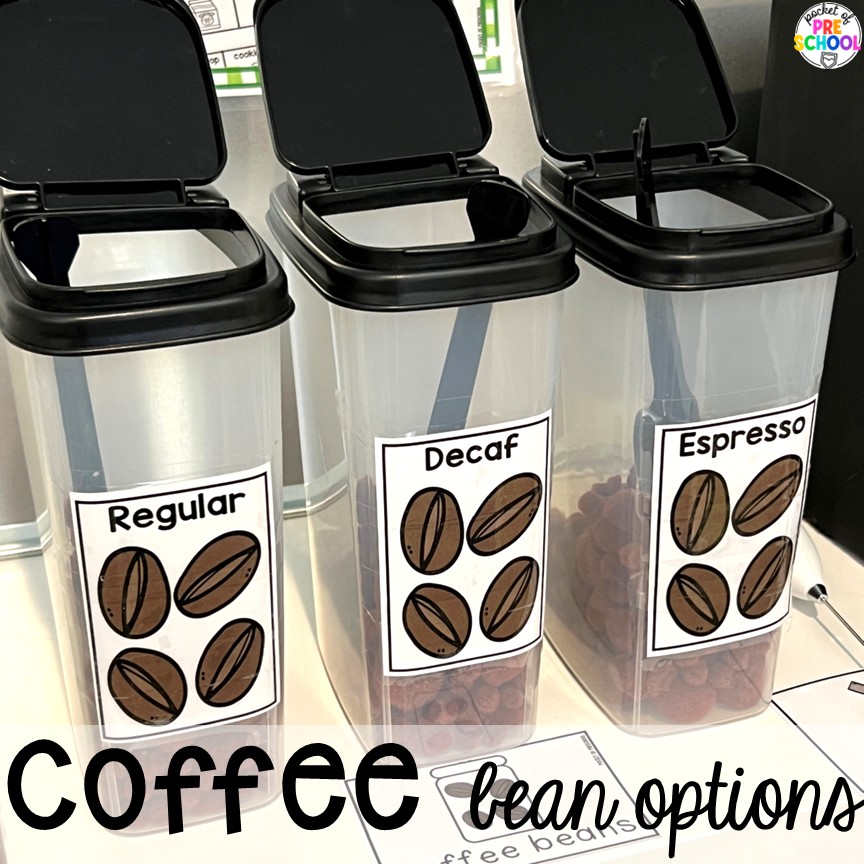 Coffee Shop Dramatic Play for Preschool, Pre-k, and Kindergarten 12 Coffee Bean Options! A coffee shop dramatic play is so much fun for preschool, pre-k, and kindergarten students. Plus, you can add in tons of math, literacy, science, and social skills into their play!