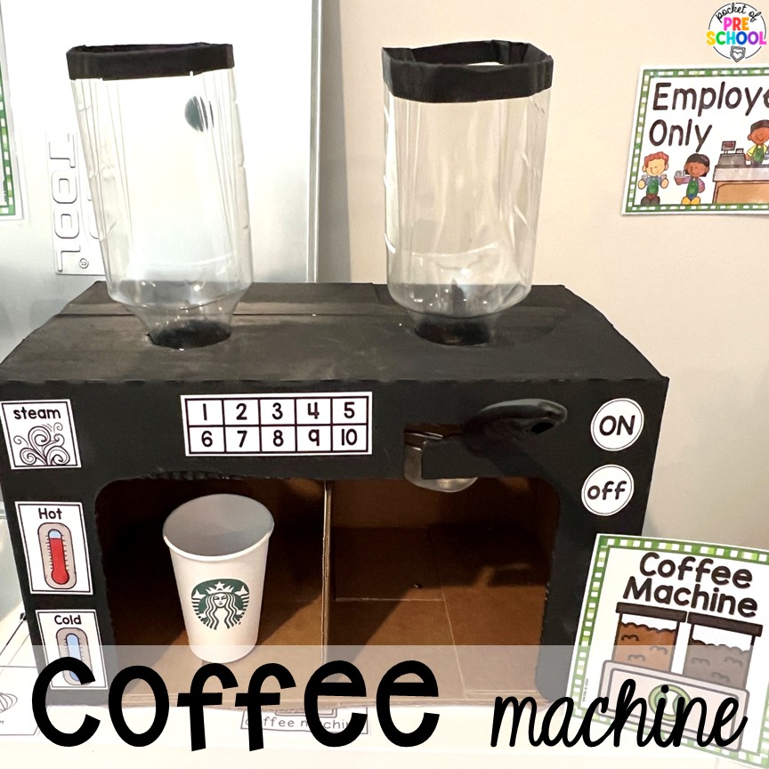 Coffee Shop Dramatic Play for Preschool, Pre-k, and Kindergarten 13 Coffee Machine! A coffee shop dramatic play is so much fun for preschool, pre-k, and kindergarten students. Plus, you can add in tons of math, literacy, science, and social skills into their play!