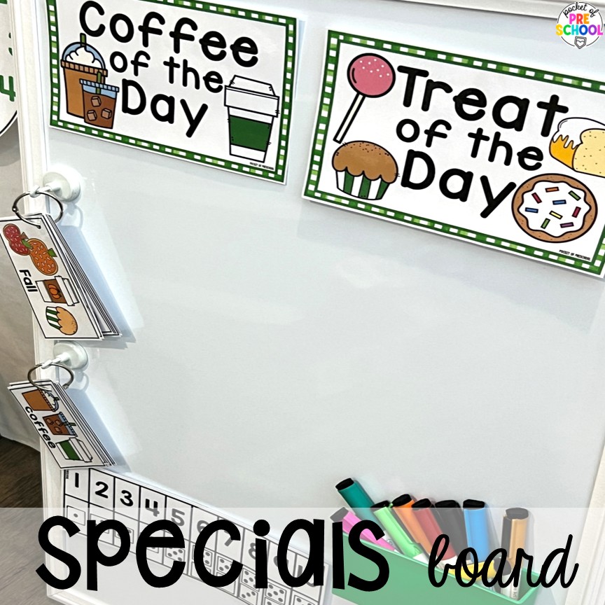 Coffee Shop Dramatic Play for Preschool, Pre-k, and Kindergarten 7 Specials Board! A coffee shop dramatic play is so much fun for preschool, pre-k, and kindergarten students. Plus, you can add in tons of math, literacy, science, and social skills into their play!