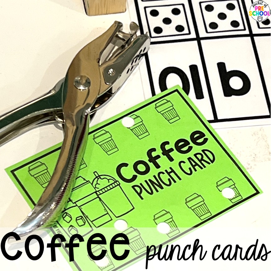 Coffee Shop Dramatic Play for Preschool, Pre-k, and Kindergarten 8 Coffee Punch Cards! A coffee shop dramatic play is so much fun for preschool, pre-k, and kindergarten students. Plus, you can add in tons of math, literacy, science, and social skills into their play!