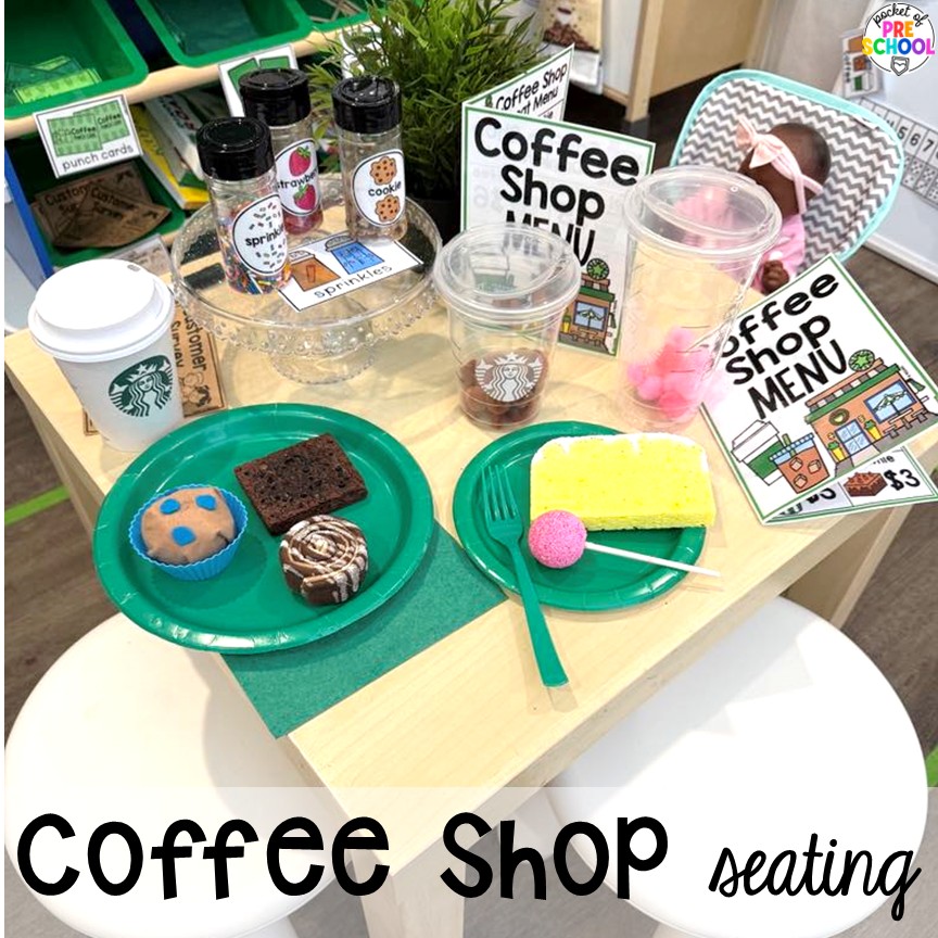 Coffee Shop Dramatic Play for Preschool, Pre-k, and Kindergarten 5 Coffee Shop Seating! A coffee shop dramatic play is so much fun for preschool, pre-k, and kindergarten students. Plus, you can add in tons of math, literacy, science, and social skills into their play!