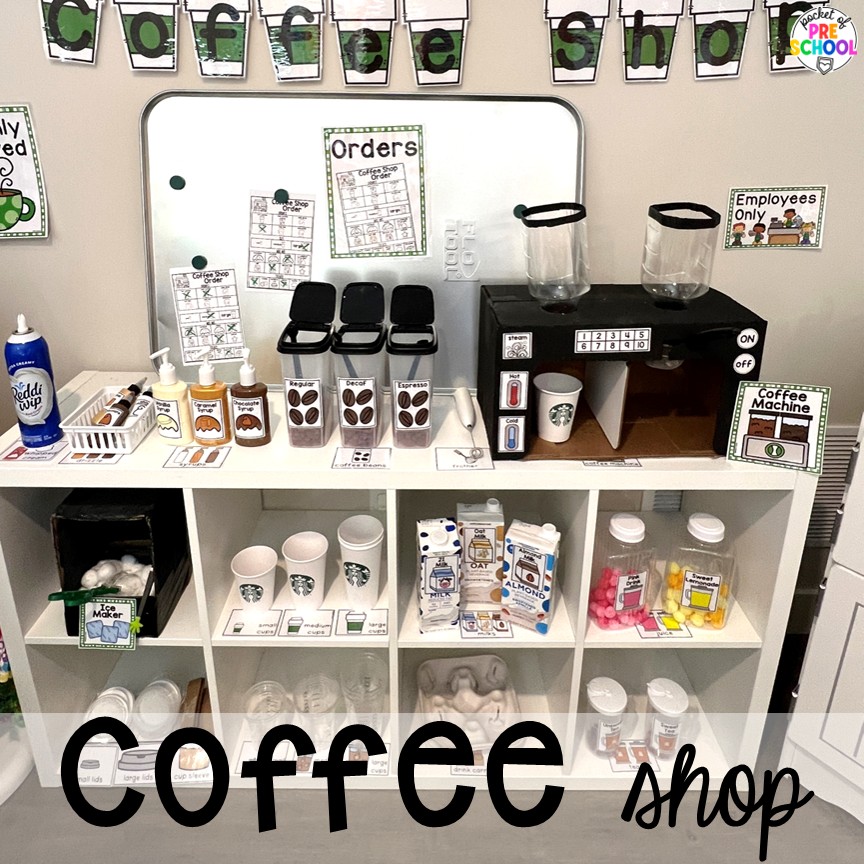 Coffee Shop Dramatic Play for Preschool, Pre-k, and Kindergarten 2 Coffee Shop! A coffee shop dramatic play is so much fun for preschool, pre-k, and kindergarten students. Plus, you can add in tons of math, literacy, science, and social skills into their play!