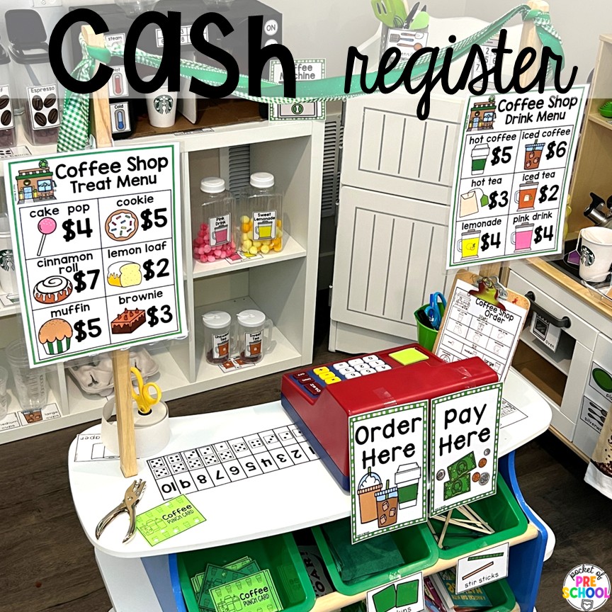 Coffee Shop Dramatic Play for Preschool, Pre-k, and Kindergarten 4 Cash Register! A coffee shop dramatic play is so much fun for preschool, pre-k, and kindergarten students. Plus, you can add in tons of math, literacy, science, and social skills into their play!