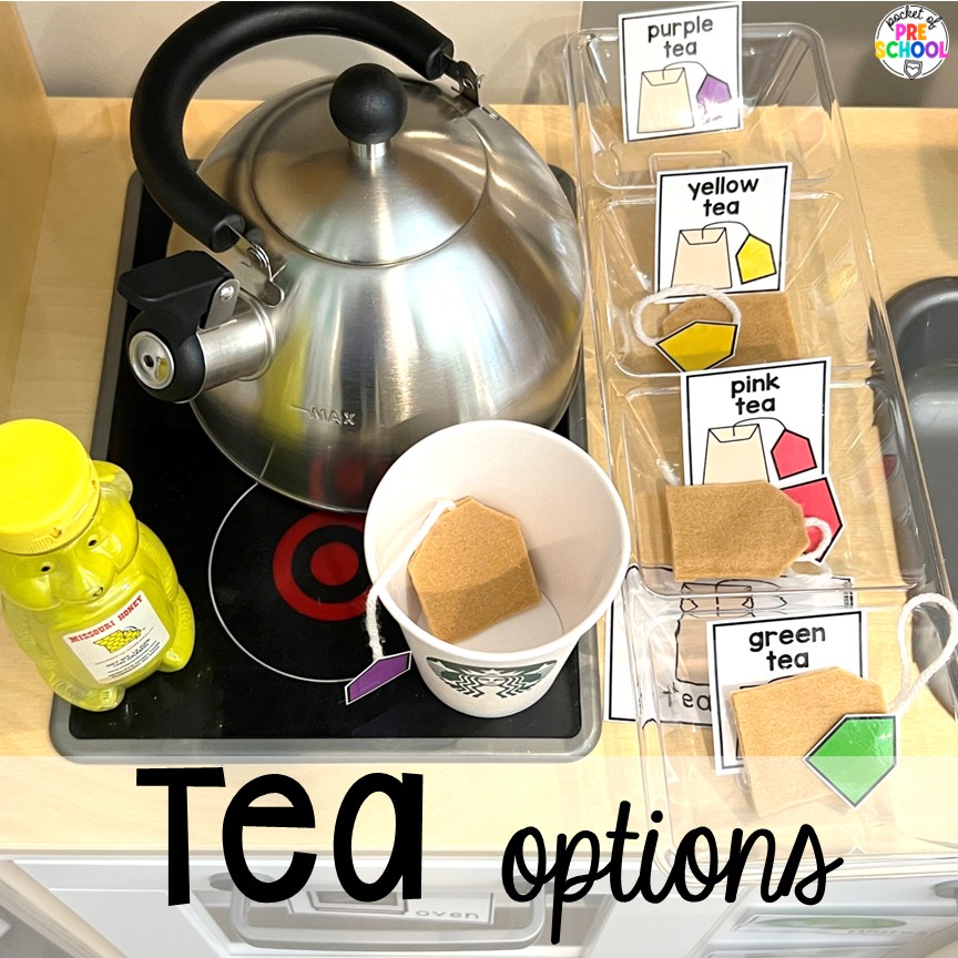 Coffee Shop Dramatic Play for Preschool, Pre-k, and Kindergarten 10 Tea Options! A coffee shop dramatic play is so much fun for preschool, pre-k, and kindergarten students. Plus, you can add in tons of math, literacy, science, and social skills into their play!