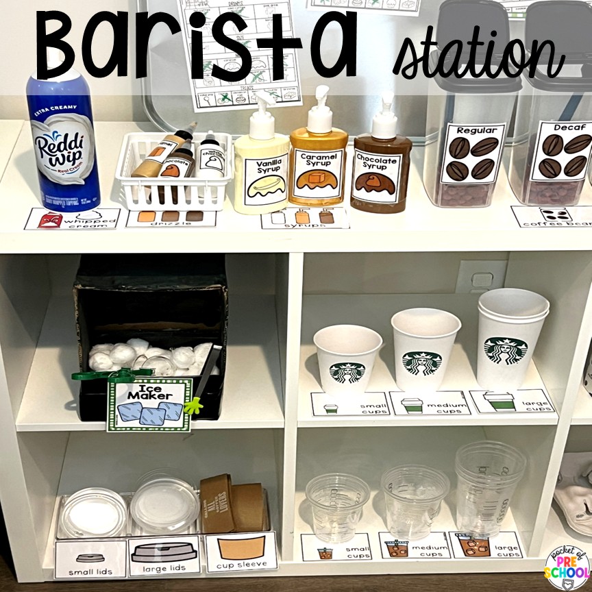 Coffee Shop Dramatic Play for Preschool, Pre-k, and Kindergarten 3 Barista Station! A coffee shop dramatic play is so much fun for preschool, pre-k, and kindergarten students. Plus, you can add in tons of math, literacy, science, and social skills into their play!