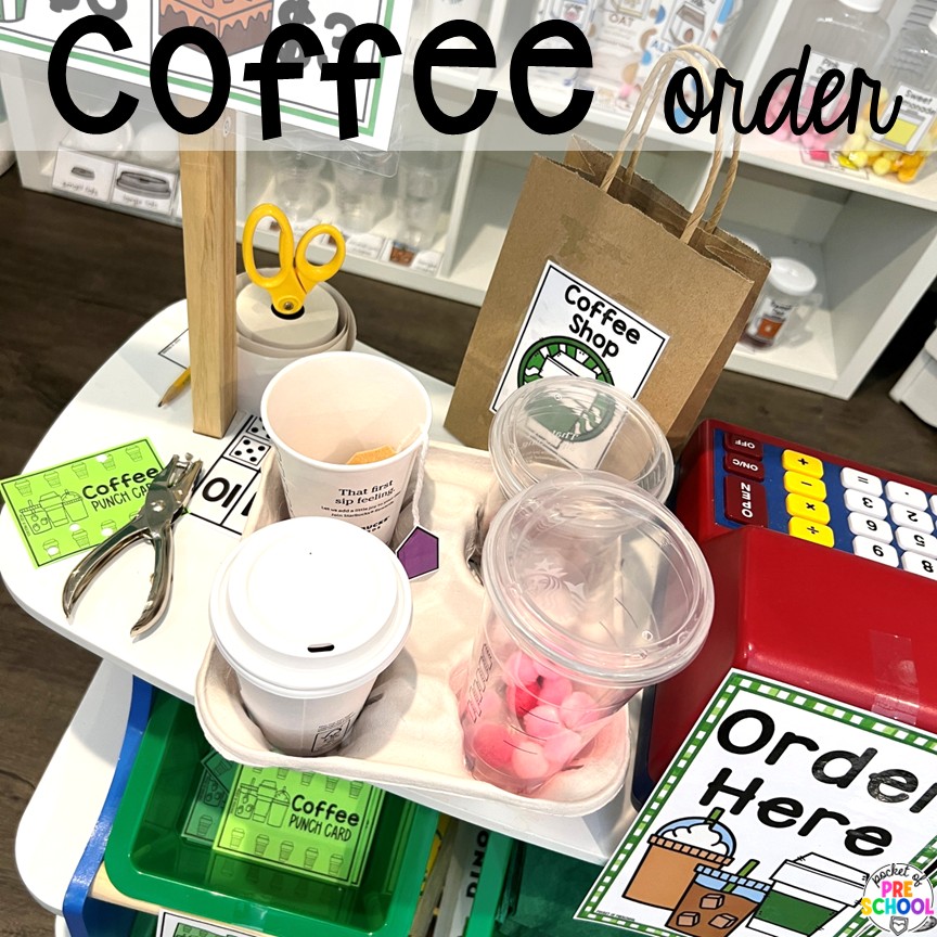 Coffee Shop Dramatic Play for Preschool, Pre-k, and Kindergarten 6 Coffee Order! A coffee shop dramatic play is so much fun for preschool, pre-k, and kindergarten students. Plus, you can add in tons of math, literacy, science, and social skills into their play!