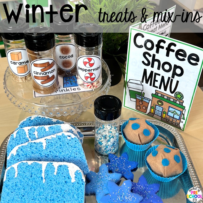 Coffee Shop Dramatic Play for Preschool, Pre-k, and Kindergarten 19 Winter Treats & Mix-Ins! A coffee shop dramatic play is so much fun for preschool, pre-k, and kindergarten students. Plus, you can add in tons of math, literacy, science, and social skills into their play!