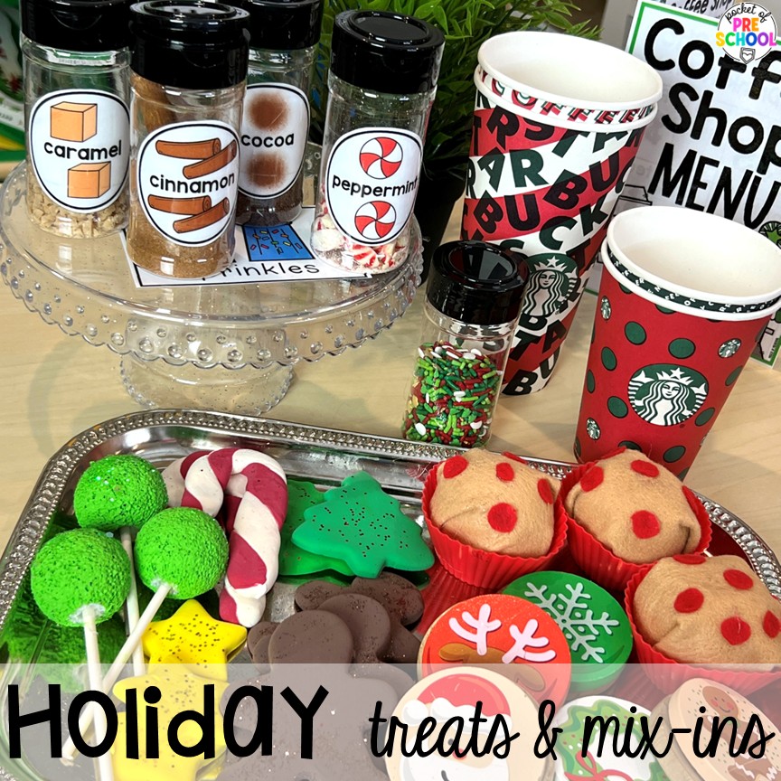 Coffee Shop Dramatic Play for Preschool, Pre-k, and Kindergarten 20 Holiday Treats & Mix-Ins! A coffee shop dramatic play is so much fun for preschool, pre-k, and kindergarten students. Plus, you can add in tons of math, literacy, science, and social skills into their play!