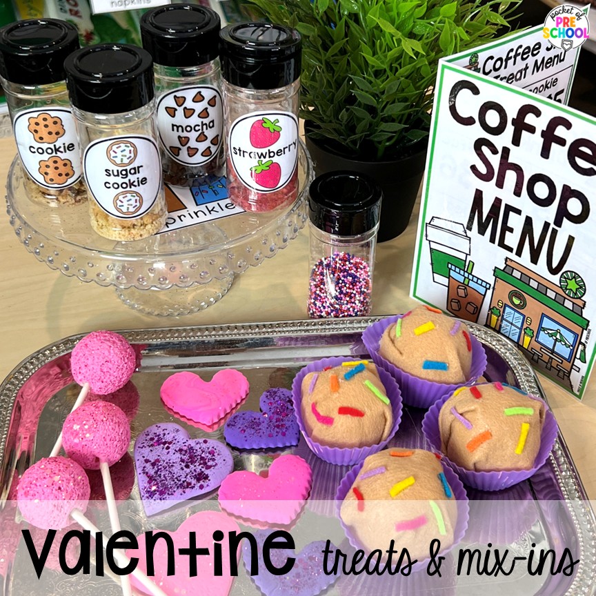 Coffee Shop Dramatic Play for Preschool, Pre-k, and Kindergarten 21 Valentine Treats & Mix-Ins! A coffee shop dramatic play is so much fun for preschool, pre-k, and kindergarten students. Plus, you can add in tons of math, literacy, science, and social skills into their play!